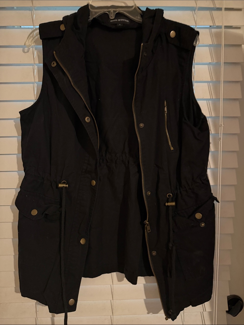 Zenana Outfitters Black Hooded Utility Vest with Drawstring Waist